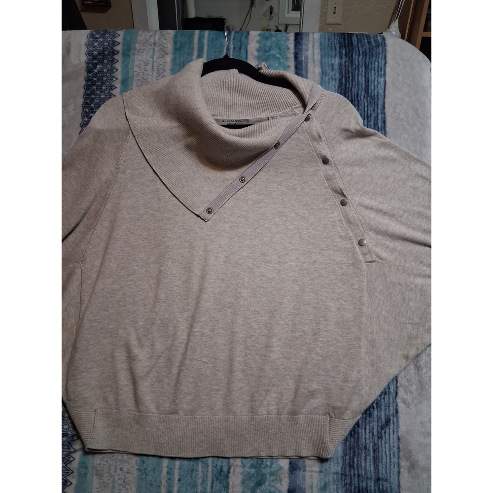 AllSaints Erin Jumper Beige Cotton Snap Asymmetric Batwing Sweater Medium WK227K